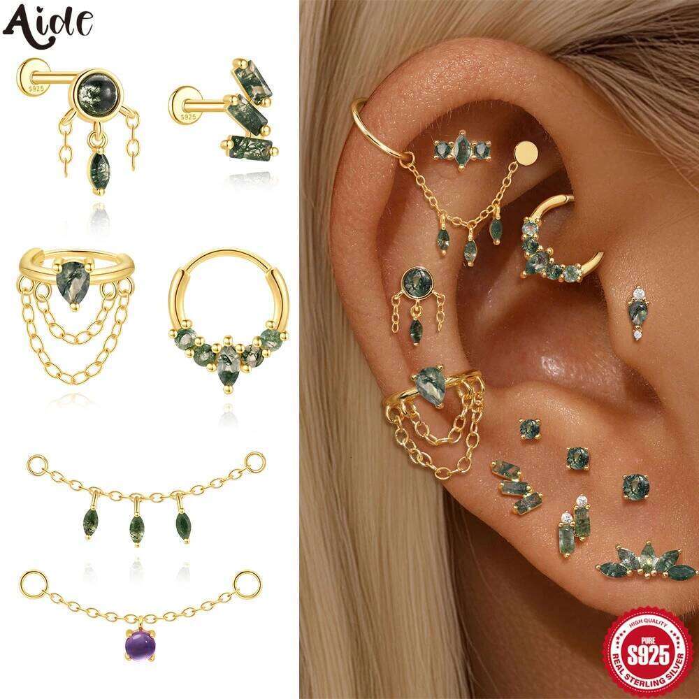 Aide Agate Stud Earrings For Women 925 Sterling Silver Jewelry Gift Simple Dainty Cartilage Helix Natural Stone Flat Back Studs