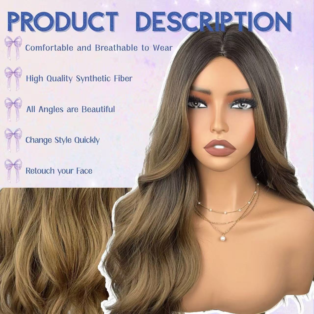 European American Cross Border E commerce Brown Straight Bangs Wavy Curls Matte Synthetic Fiber Wig High Temperature Resistant Silk Wig Ready to Wear 