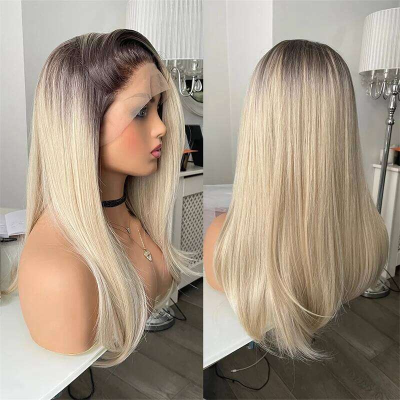 Top Quality Wigs 26 Inches Mixed Blonde Synthetic Lace Front With Dark Roots Realistic Natural Looking Wig Women Gift