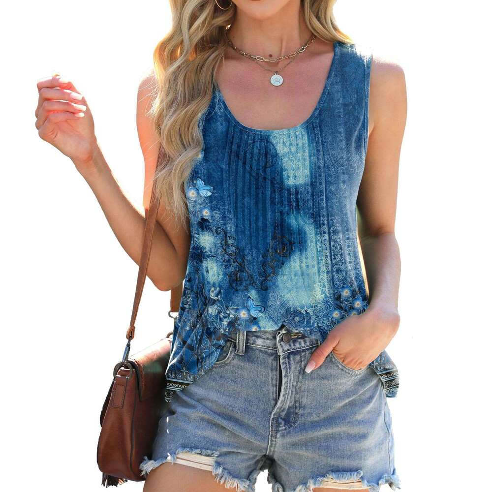 2026 Spring Summer New Round Neck Tie-Dye Printed Loose Sleeveless T-Shirt Vest for Women