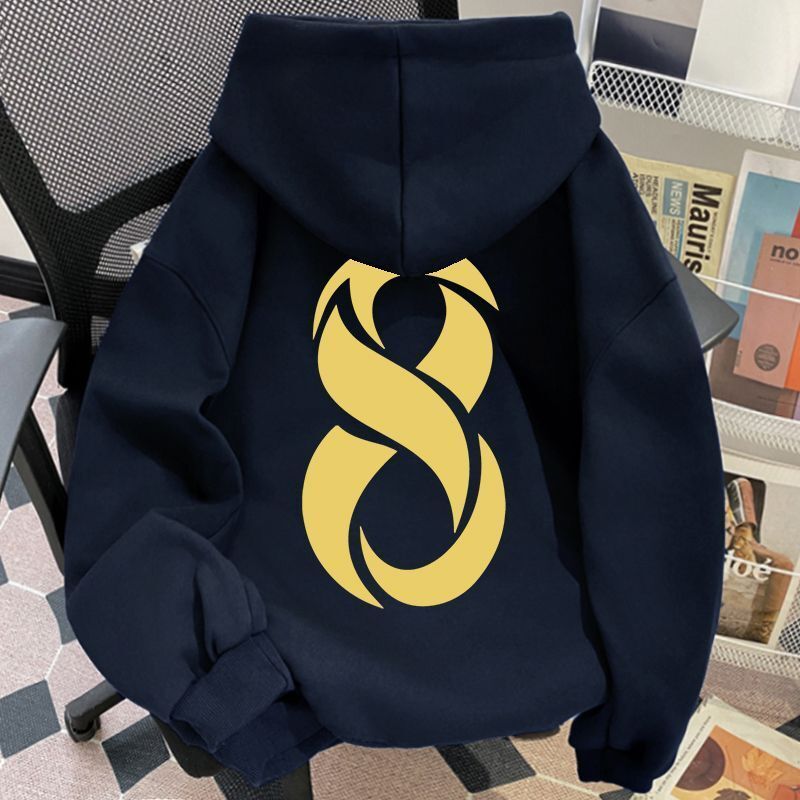100% Cotton Navy Blue Letter Hoodie for Men and Women, Autumn and Winter Fleece American Street Style Couple Loose Jacket