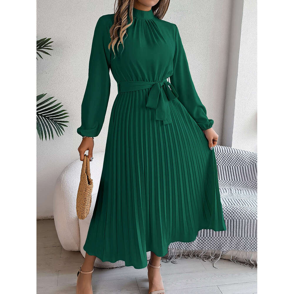 2026 European and American Autumn Winter Elegant Stand Collar Sleeve Waist Pleated Long Dress Small Gown Cross-Border Women's Fashion