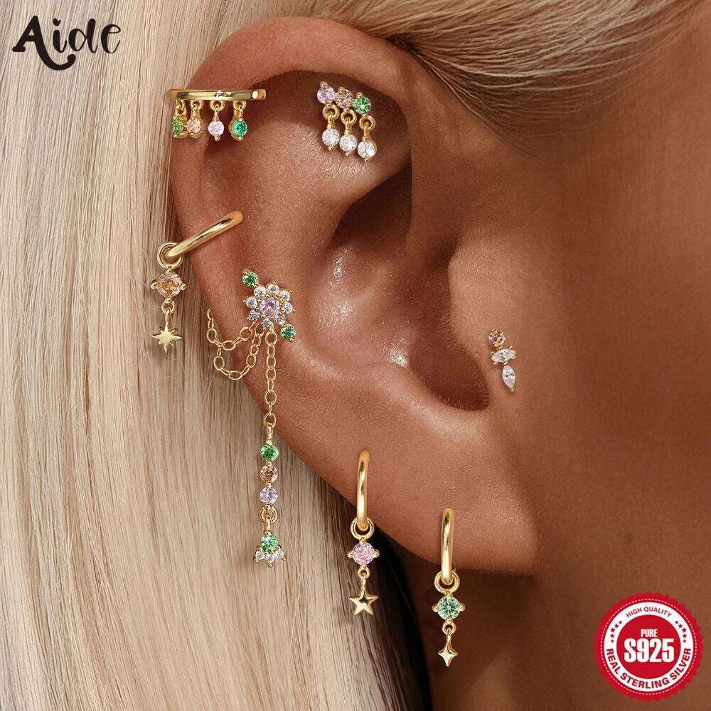 Aide 925 Sterling Silver Colors Crystal Pendant Stud Earring For Women Y2K Handmake Flat Back Gold Color Body Piercing