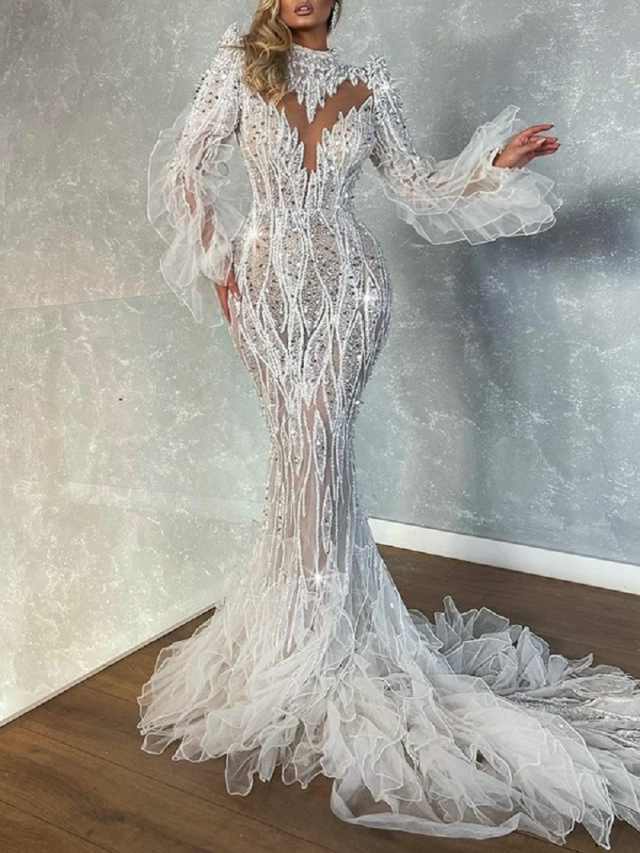 Fashion High Neck Beaded Mermaid Wedding Dress Sexy Long Sleeve Sequins Bridal Gown Floor Length Ruffle Bride Dresses Customized