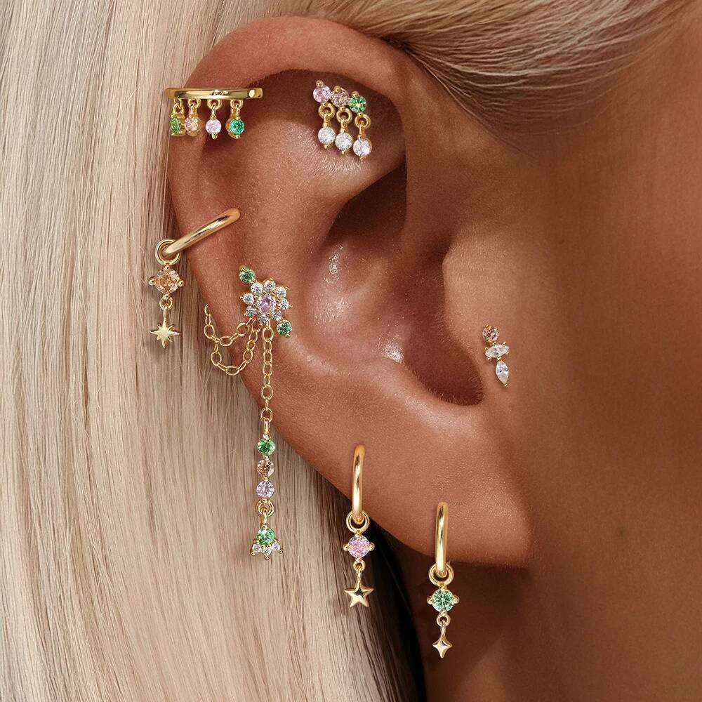 Aide New Stone Black Rutilated Quartz Flat Head Threaded 925 Sterling Silver Earring Rainbow Zircon Chain Ear Bone Studs