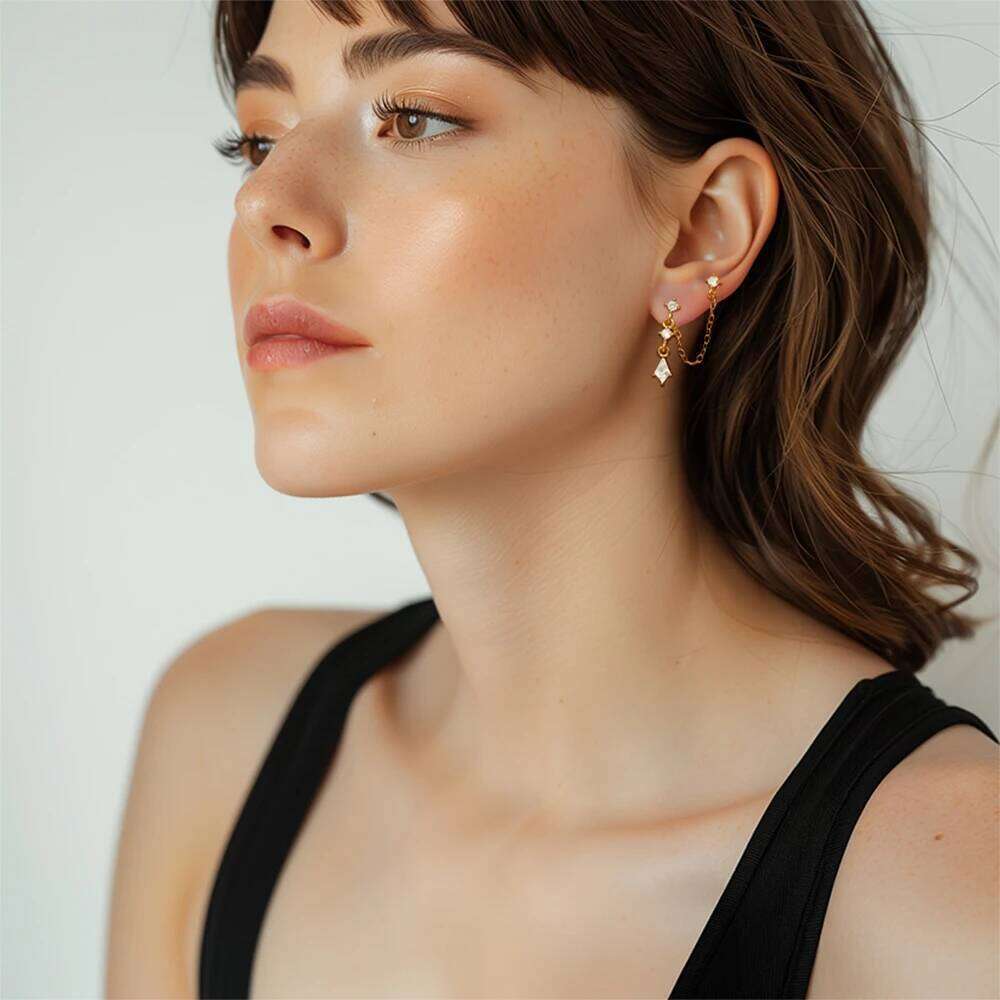 Aide 925 Sterling Silver 1pc Water Drop Zirconia Tassel Chain Two Stud Earrings For Women Hypoallergic Fine Jewelry Pendientes