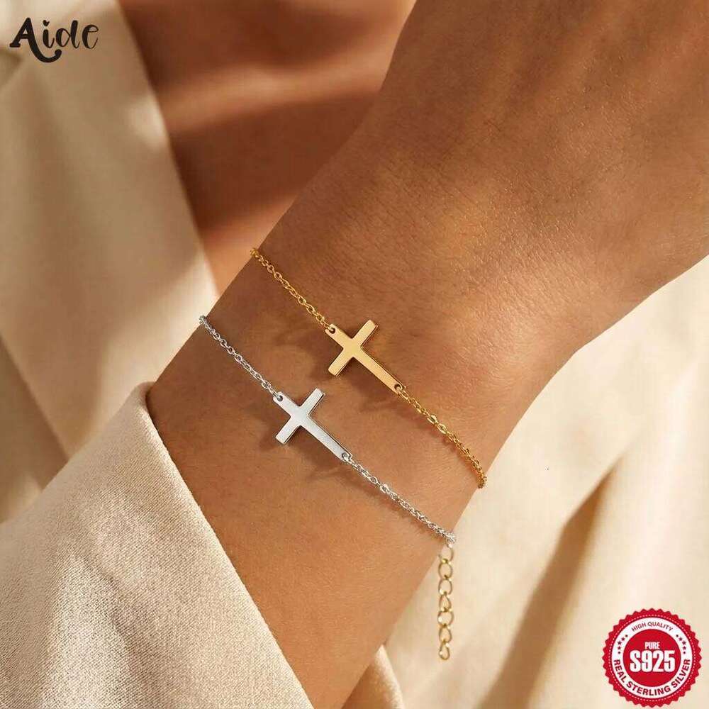 Aide Dainty Cross Bracelet 925 Sterling Silver 18k Gold Plated CZ Chain Bracelets for Women Religious Christian Jewelry Gifts