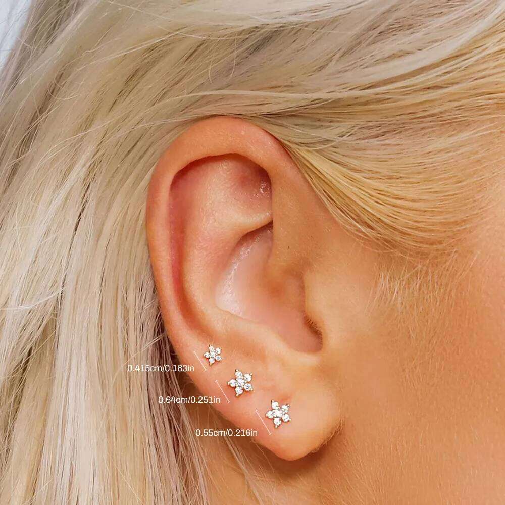 Aide 925 Sterling Silver 3pcs Set 4/5/6mm Flower Shaped Inlaid Zircon Piercing Stud Earrings For Women Bohemian Elegant Jewelry