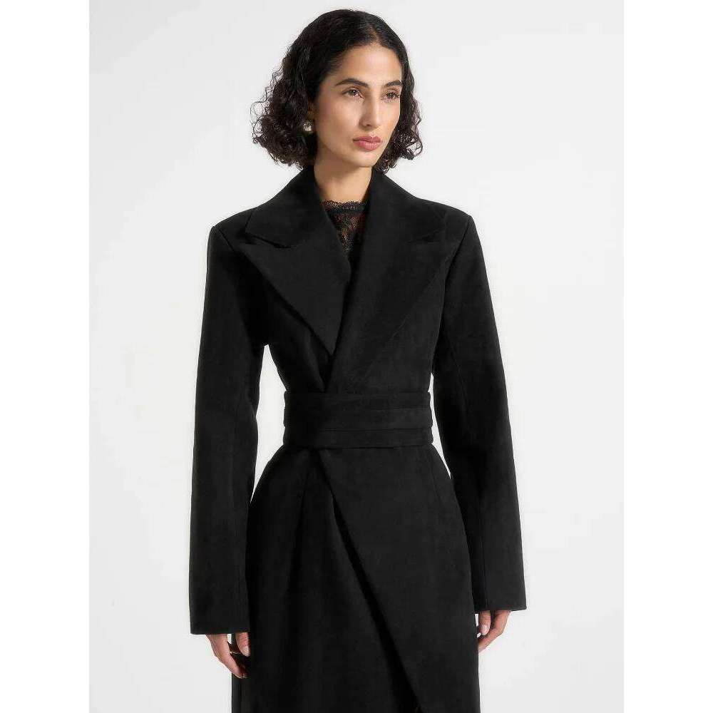 Elegant Women's Belted Long Coat Faux Suede Self-Tie Waist Jacket Formal Chic Maxi Overcoat Outerwear Vintage High Street Outfit