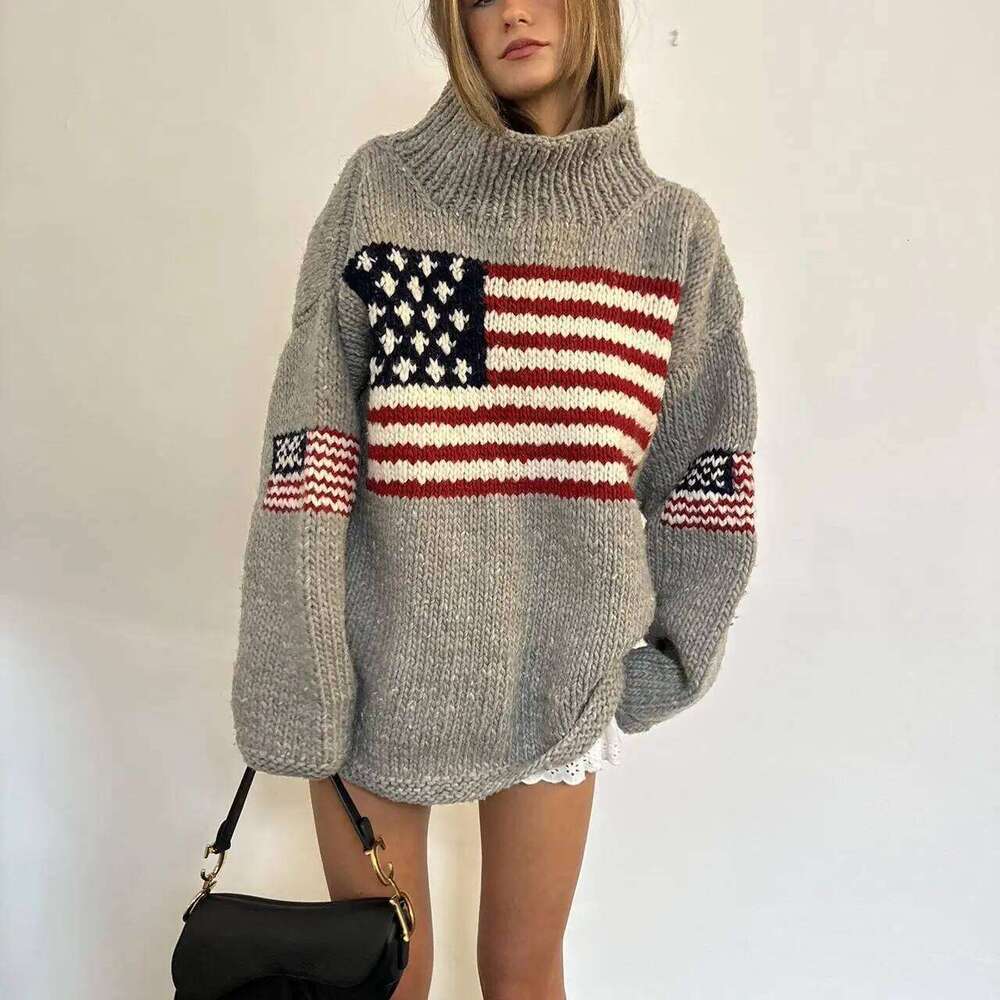 Y2k Flag Pattern Sweater Women Oversized Knit Pullover Vintage Streetwear Casual Warm Loose Fit Fall Jumper