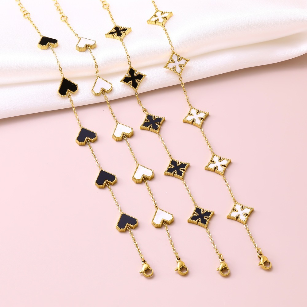 Luxury Brand Designer Jewelry Stainless Steel Single-Sided Heart-Shaped Rhombus Four-Corner Mother-Of-Pearl Bracelet Light Luxury High-End Exquisite F