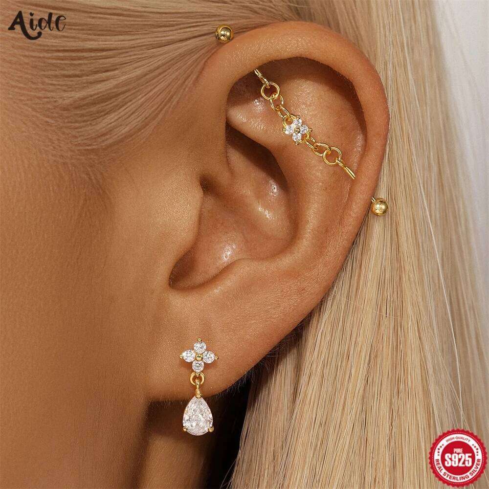 Aide 925 Sterling Silver Lucky Flower Pendant Stud Earrings Industrial Piercing Barbell Chain Ear Bone Earring Student Gift Jewe