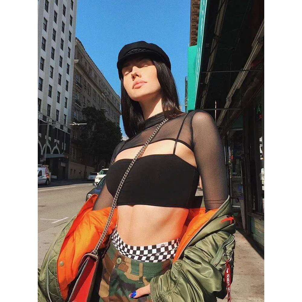 Hot Summer Sexy Ultra Short Perspective Round Neck Long Sleeve Solid Color Transparent T-shirt Women's Top