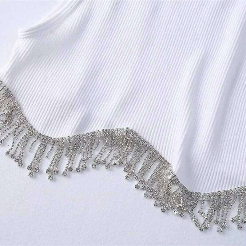High Street Sexy Hem Tassel Diamond Beading Knitting T Shirt Chic Short Camis Tank Lady Slim Crop Vest Tops