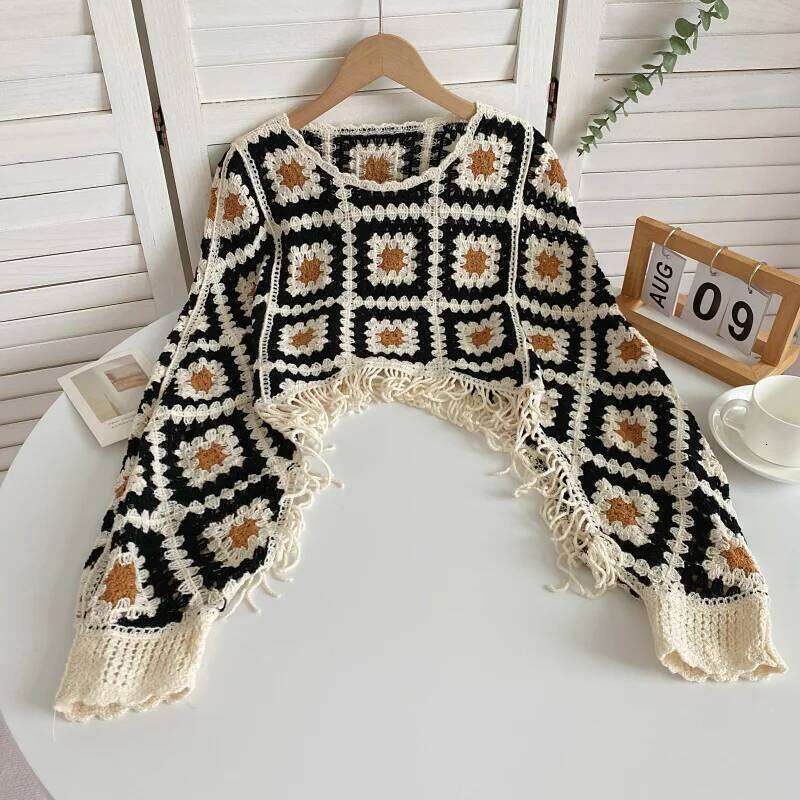 Granny Square Fringed Crochet Knitted Top Batwing Sleeve Pullover Sweater Women Teenage Girl Vintage Boho Festival Outfit