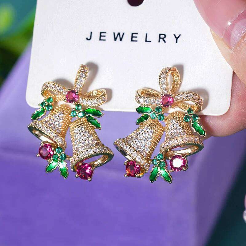Huitan Gorgeous Bell Stud Earrings Women for Merry Christmas Full Bling Iced Out Cubic Zirconia Unique Trendy Jewelry