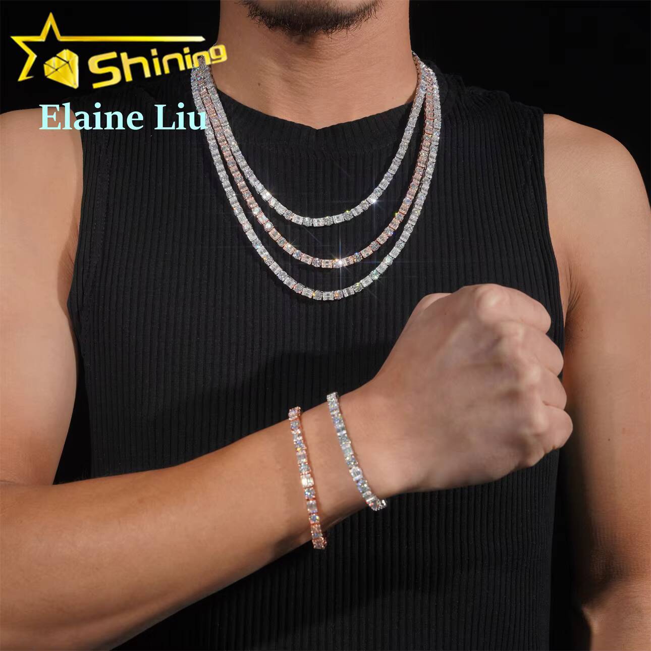 5MM Iced Out Lad Diamond Hip Hop Jewelry VVS Moissanite Tennis Necklace Men Sterling Silver 925 Tennis Chain Bracelet