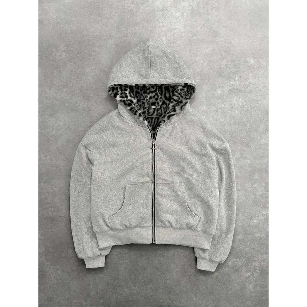 Zhehan Oversized Gothic Harajuku Women Men autumn winter Coat Casual retro leopard print zipper hoodie loose personalized top