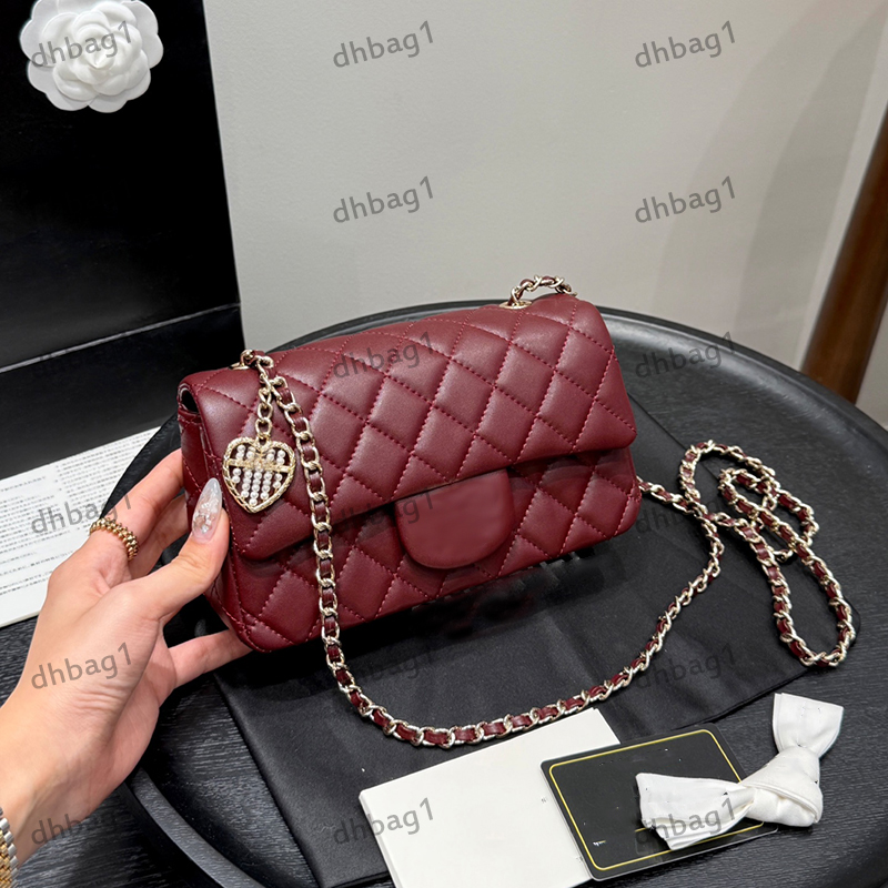 Ladies Shoulder Bag Genuine Leather Checkered Pattern Gold Hardware Metal Heart-Shaped Pearl Abacus Matelasse Chain Handbag Crossbody Dinner Makeup Sacoche 20cm