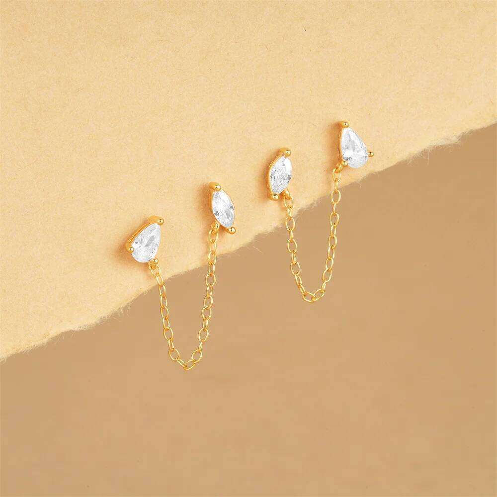 Aide 925 Sterling Silver Flower Heart Star Cubic Zircon Link Chain Double Stud Earring For Women Pendant Earrings Piercing Jewel