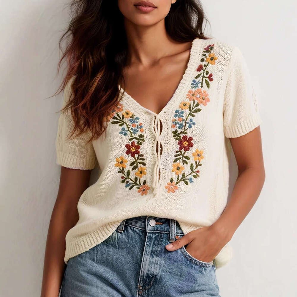 2026 European and American Cross-Border Women's Forest Style Retro Floral Embroidered Knitted Sweater Loose Fresh Versatile Knitwear
