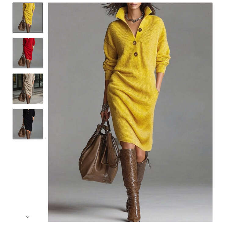 2026 Independent Station European and American New Autumn Casual Button Turn-Down Collar Loose Straight Knitted Mid-Length Sweater Dress