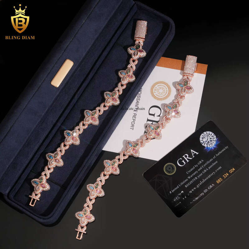 VVS Moissanite 18mm Colorful Marquise Cut Silicon Stone Rose Gold Plated 925 Silver Chain Bracelet Fashion Jewelry