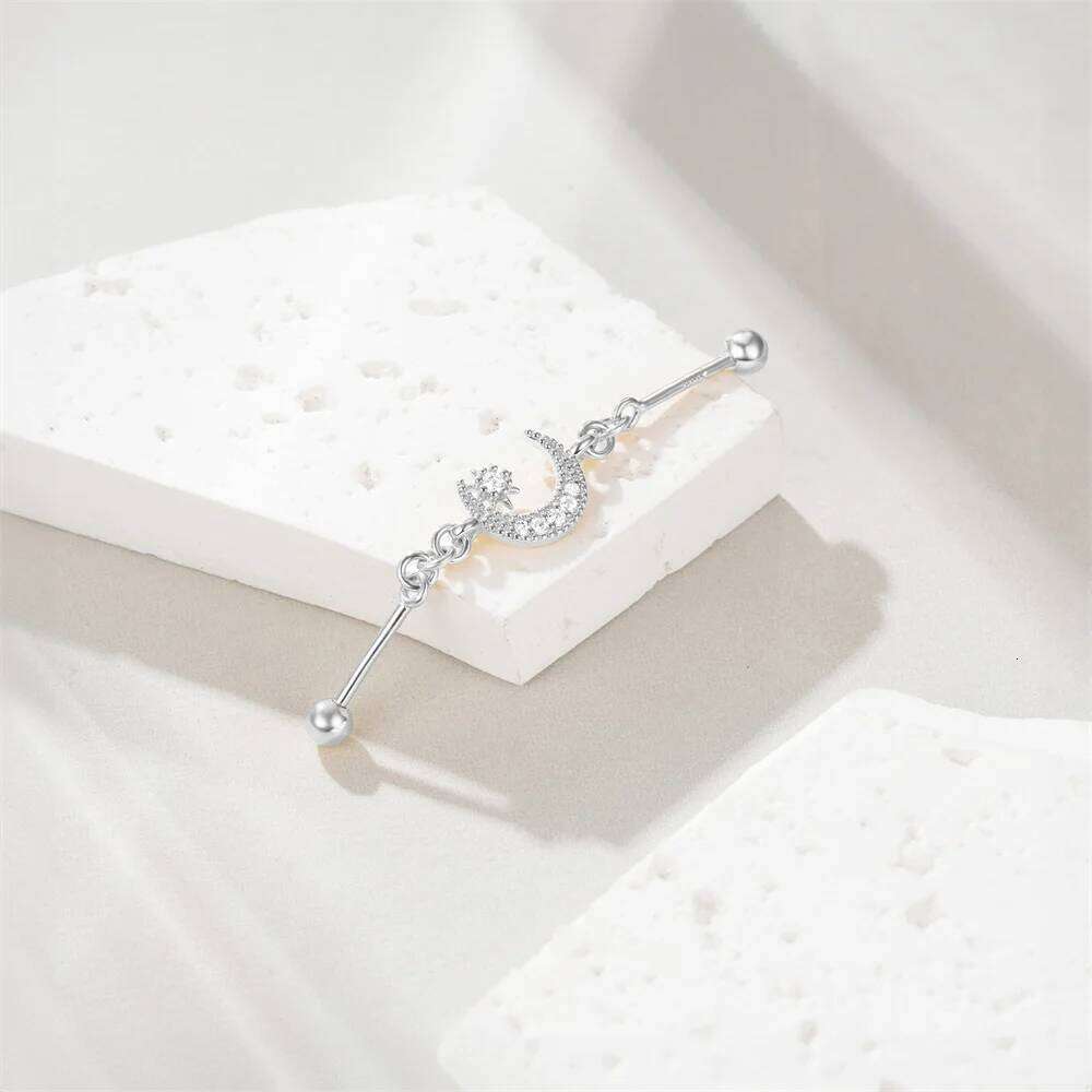 Aide 925 Sterling Silver Barbell Cute Auricular Bridge Earring Moon Star Zircon Transversal Women Body Piercing