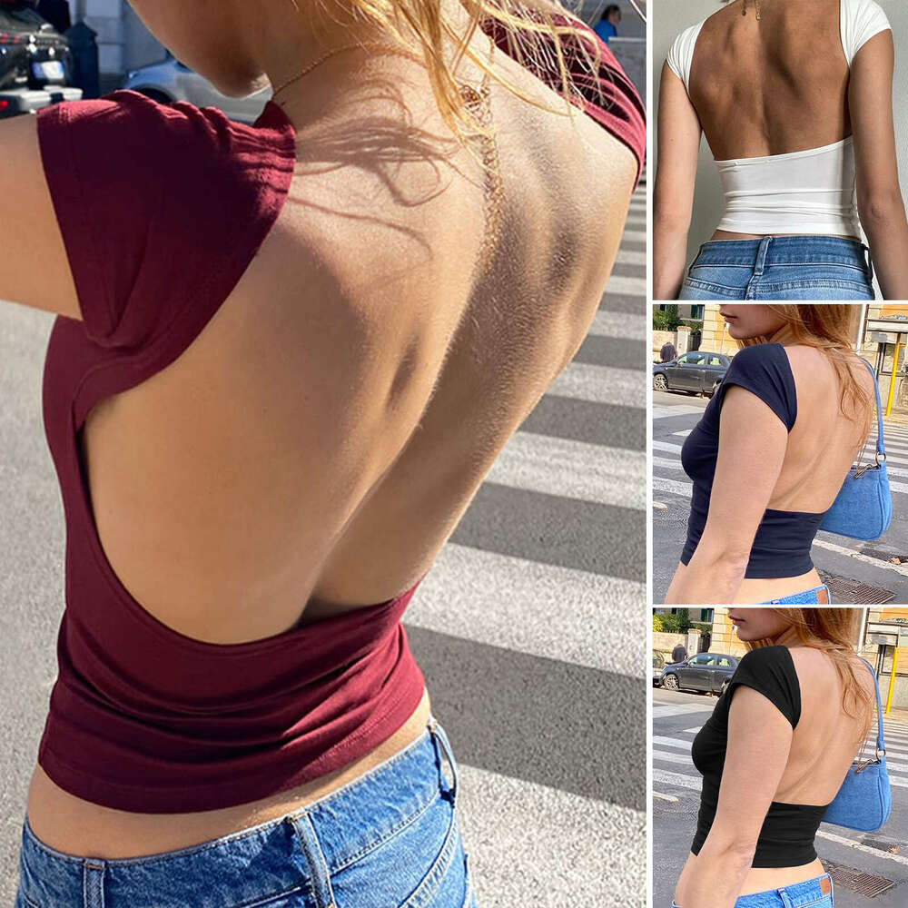 2026 Spring Summer European American Y2K Sexy Hot Girl Hollow Out backless Solid Color Tops Short Sleeve Women T-shirt
