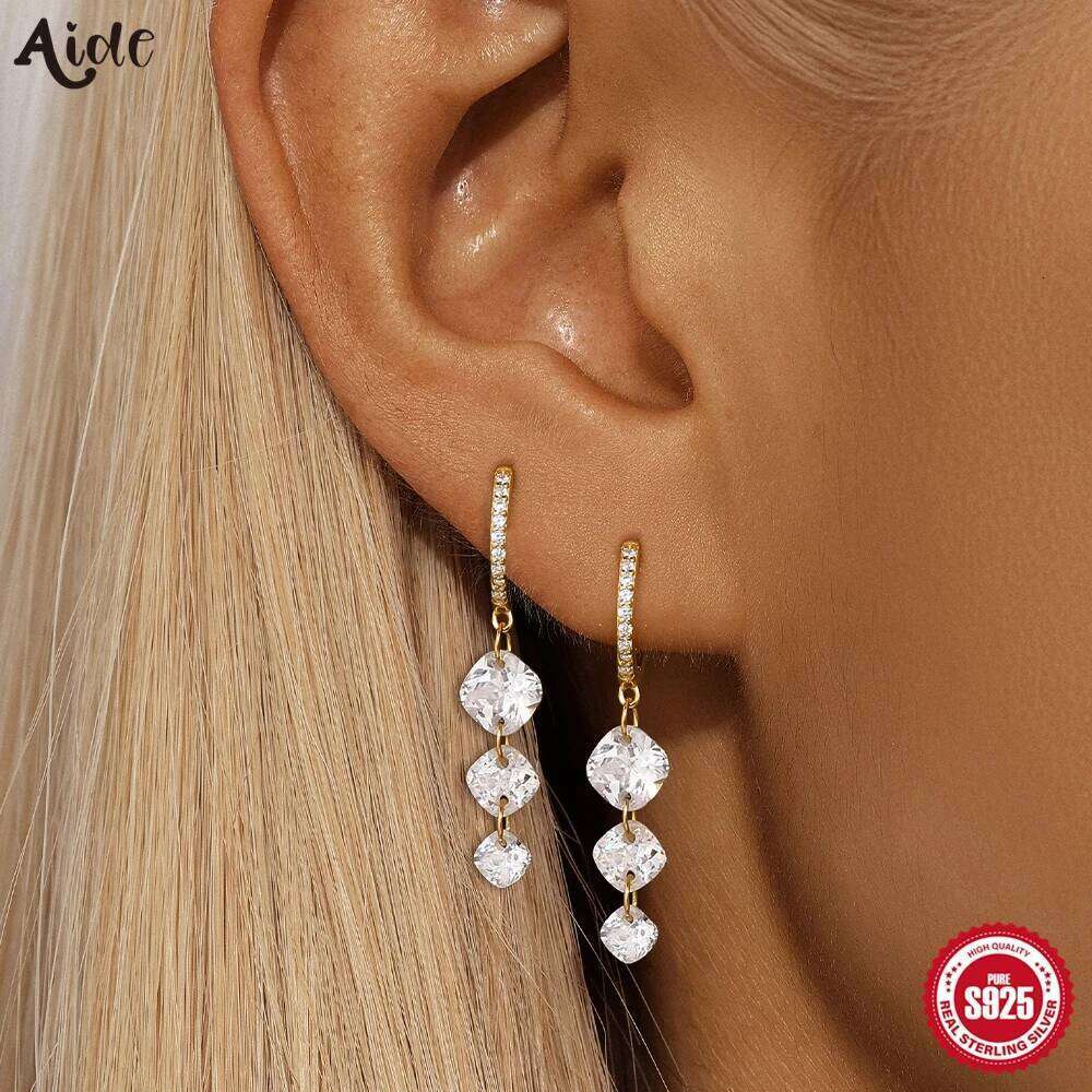 Aide 925 Sterling Silver Hoop Chain Zircon Pendant Earrings For Women Round Huggies Earring Wedding Jewelry Pendientes