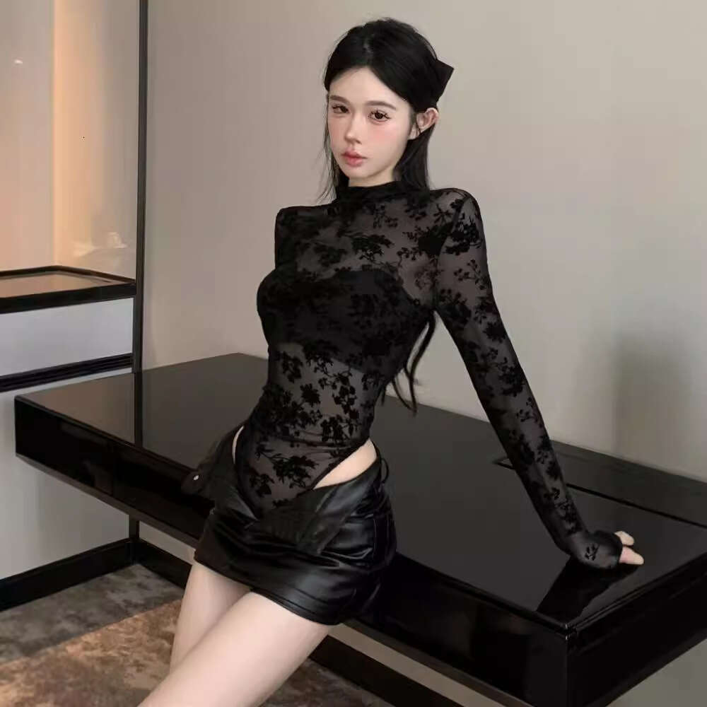 Half High Collar Sexy Hot Girl Style Slightly See-through Bodysuit T-shirt Women Spring and Autumn Flocking Mesh Slimming Stretch Long Sleeve Top