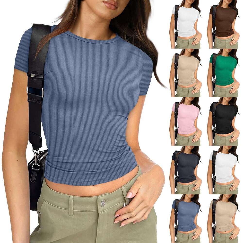 Fashion Simple Basic Round Neck Short Sleeve T-Shirt 2026 Summer New Ins Trend Solid Color Slim Fit Casual Top