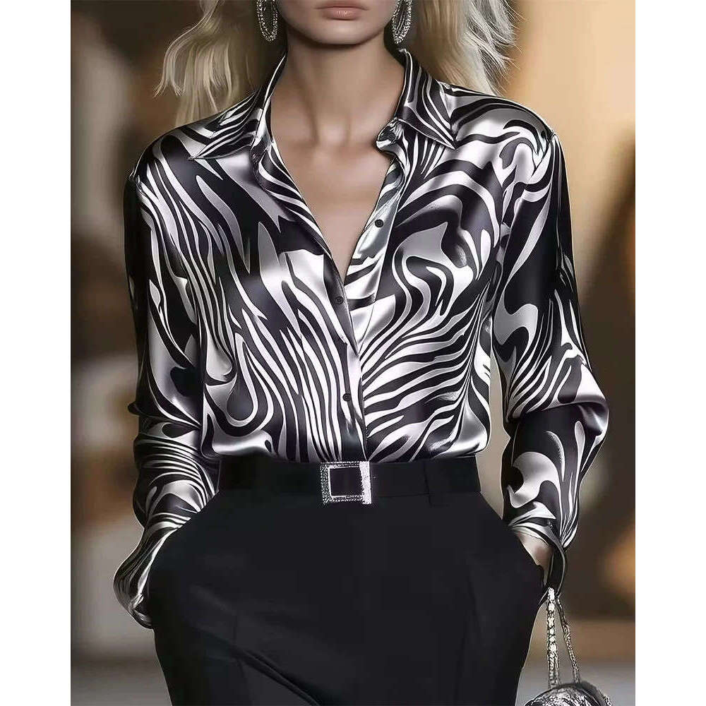 2026 New European and American Cross-Border Women's Fashion Abstract Animal Print Satin Commuter Elegant Slim Fit Long Sleeve Shirt