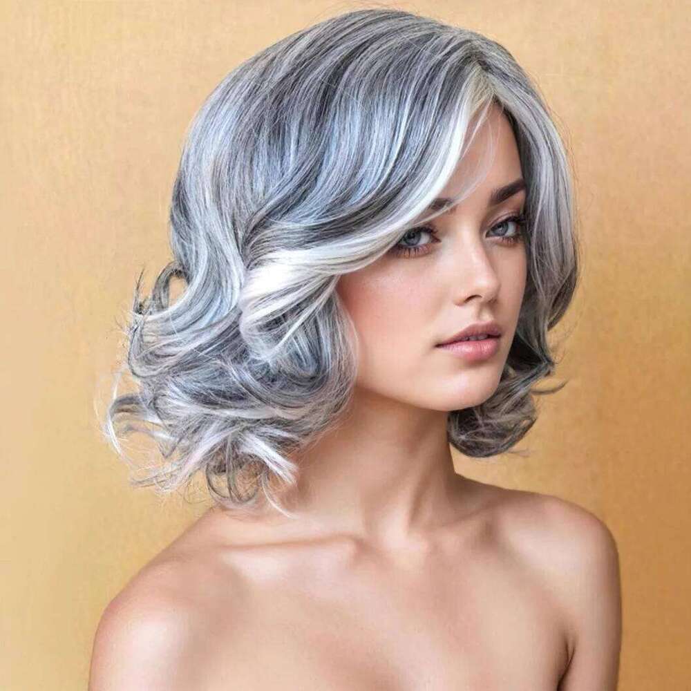 Women's European American Wig Gray-White Short with Fullness Side-Swept Long Bangs Export Synthetic Hair Cap