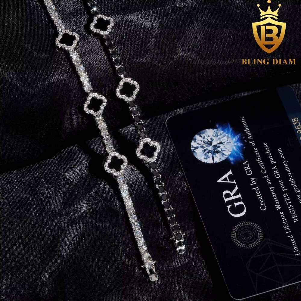 Fashion Black Clover Tennis Chain 925 Silver 3mm VVS Moissanite Pass Diamond test Hip Hop Bracelet