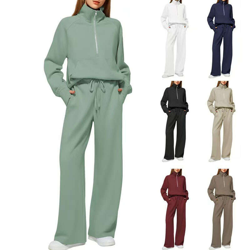 2026 European and American Women's Two-Piece Set Large Half-Zip Sweatshirt Wide-Leg Sweatpants Casual Outfit for Women