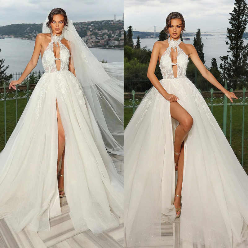 Sexy Boho Wedding Dress For Women Halter Neck Lace Appliques High Split A-Line Tulle Bridal Gown Customized Vestido De Novia