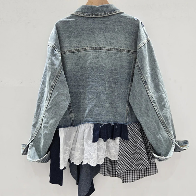 DEAT Autumn Niche Fashion Patchwork Womens Denim Jacket Loose Singlebreasted Contrast Color Coat Female11A05239 251231