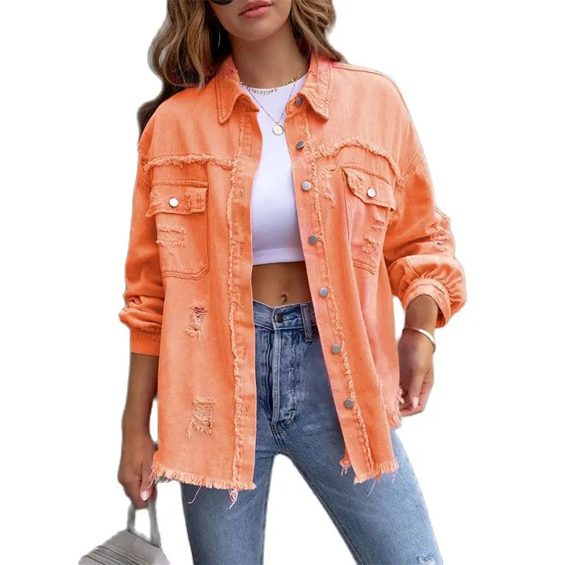 Spring Autumn Shirt Style Denim Jacket Women Holes Rawedges Jeancoat Casual Tops Female Oversize Loose Outerwear 7 Colors 251229