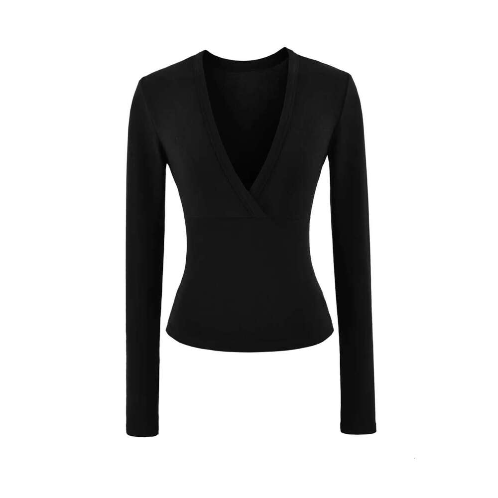 American Style Spicy Girl Subtle Deep V-Neck Waist-Cinching Long Sleeve T-Shirt for Women Autumn Stretchy Slim Fit Base Layer Slimming Inner Top