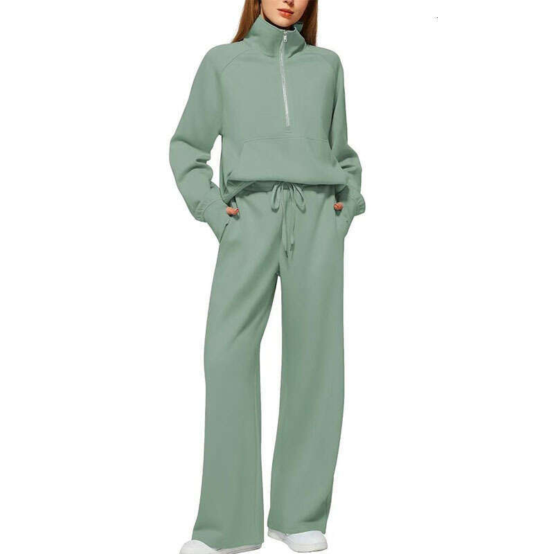 2026 European and American Women's Two-Piece Set Large Half-Zip Sweatshirt Wide-Leg Sweatpants Casual Outfit for Women
