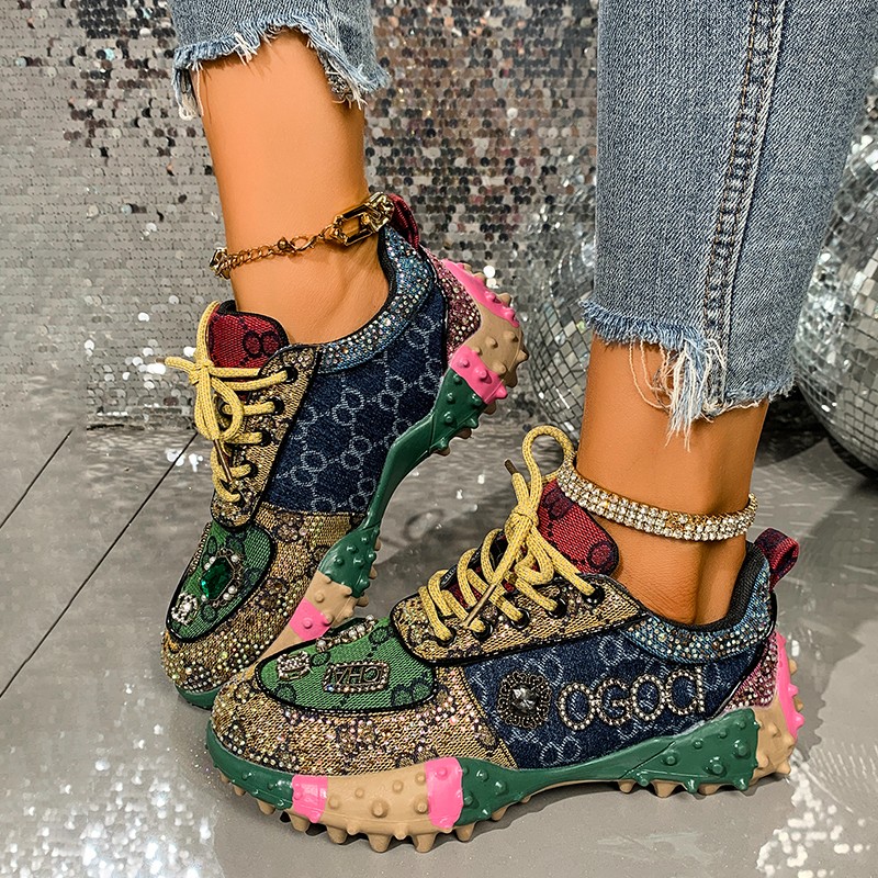 Women's Fashion Shoes Rhinestones Diamonds Embellished Luxury Shoes Rhinestones Designer Sneakers Thick Bottom Non Slip Running Shoes Zapatillas 