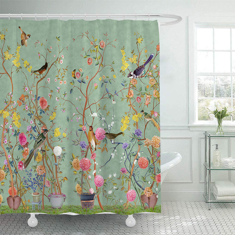 YL-38079 Shower Curtain Set with Wild Grass, Stones, and Water Reflections - Printed Polyester Waterproof Shower Curtain, No Drill Required, with Hook