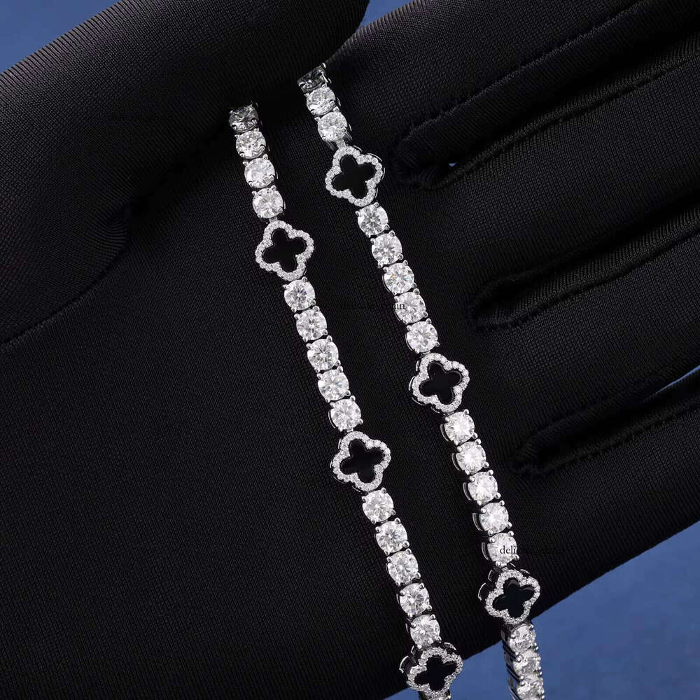 Hot Sale Design Black Clover Chain Luxury VVS D Moissanite 925 Sterling Silver Tennis Bracelet 4mm Hip Hop Jewelry
