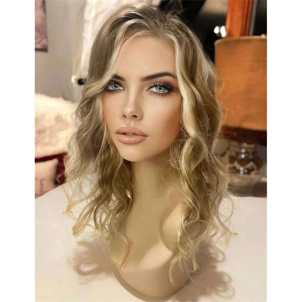 Rooted Futura Fibre Premium Medium Light Blonde Highlighted Heat Friendly Curly Wave Shoulder Length Glueless Wig