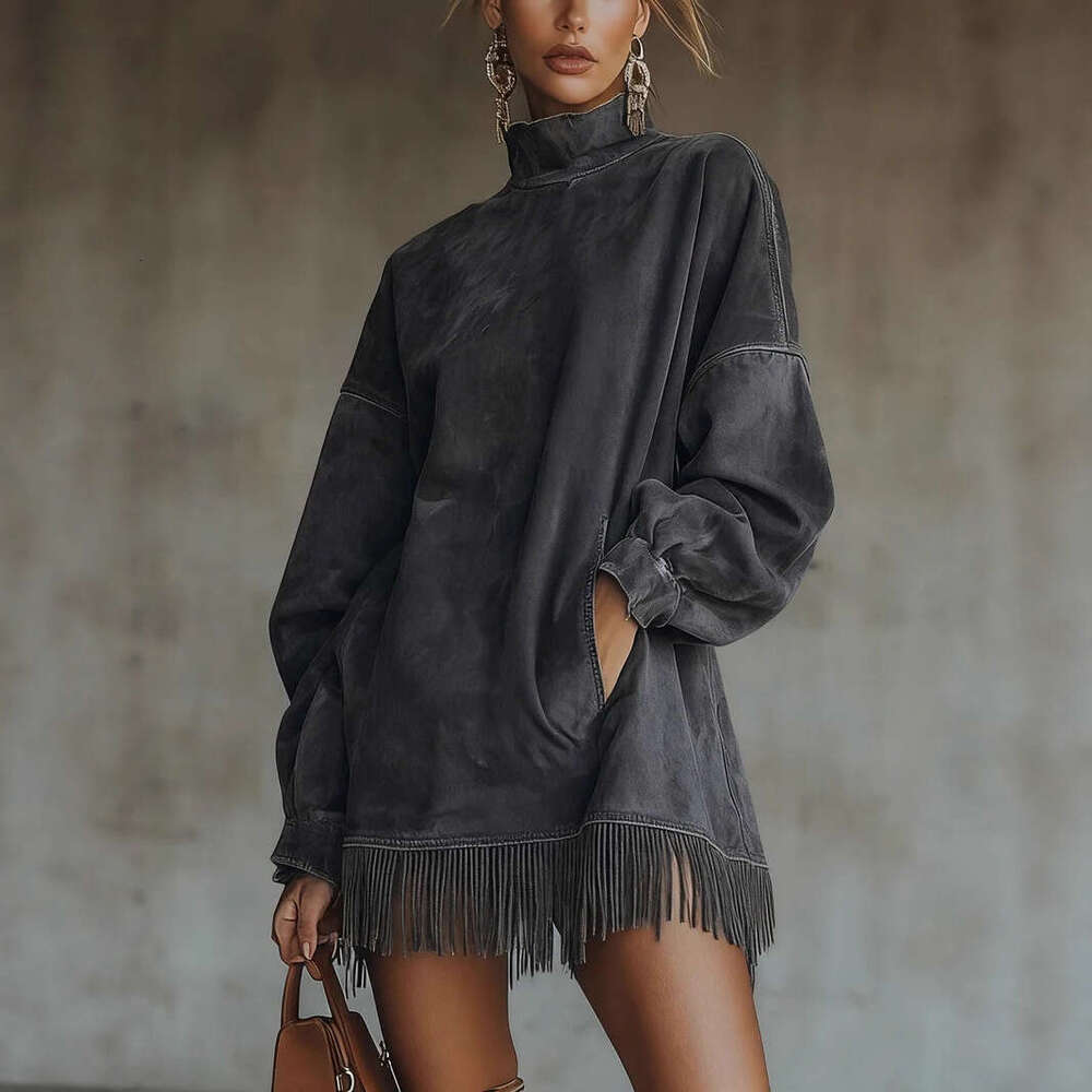 2026 New European and American Cross-Border High Neck Suede Retro Loose Pocket Tassel Long Sleeve Dress