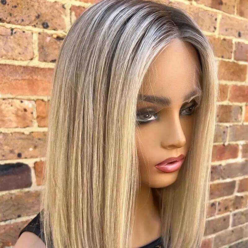 Party 13X4 Swiss Ombre Ash Blonde Synthetic HD Lace Front Heat Resistant Realistic Natural Looking Wig Straight Bob