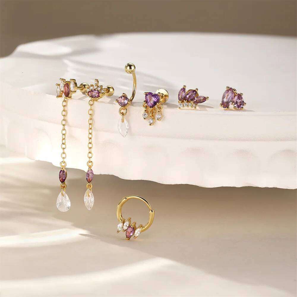 Aide 925 Sterling Silver Geometric Colors Zircon Piercing Earrings For Women Agate Amethyst Threaded Puncture Ear Bone Ins Gift