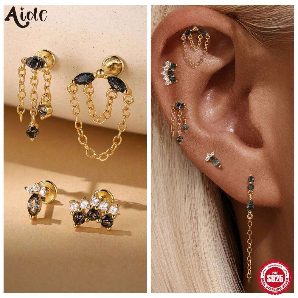 Aide New Stone Black Rutilated Quartz Flat Head Threaded 925 Sterling Silver Earring Rainbow Zircon Chain Ear Bone Studs