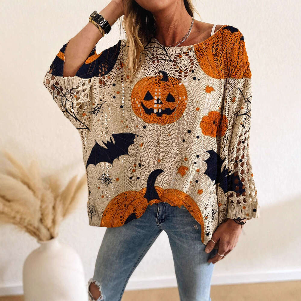 Spring Summer Autumn Four Seasons Off-Shoulder Diamond Hollow Pumpkin Bat Halloween Print Long Sleeve Women's Casual Premium